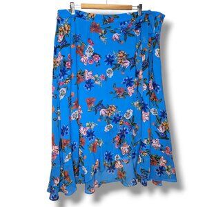 NWT Calvin Klein Women 18W Midi Faux Wrap Skirt Blue Floral Ruffle Lined Office